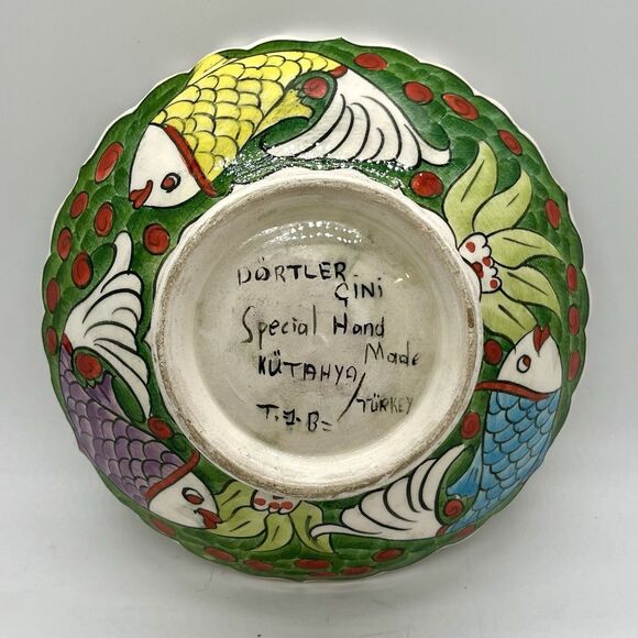 Turkish Pottery Hand Painted Fish Bowl 6” Dortler Cini Kutahya Turkey Vintage - Picture 3 of 4